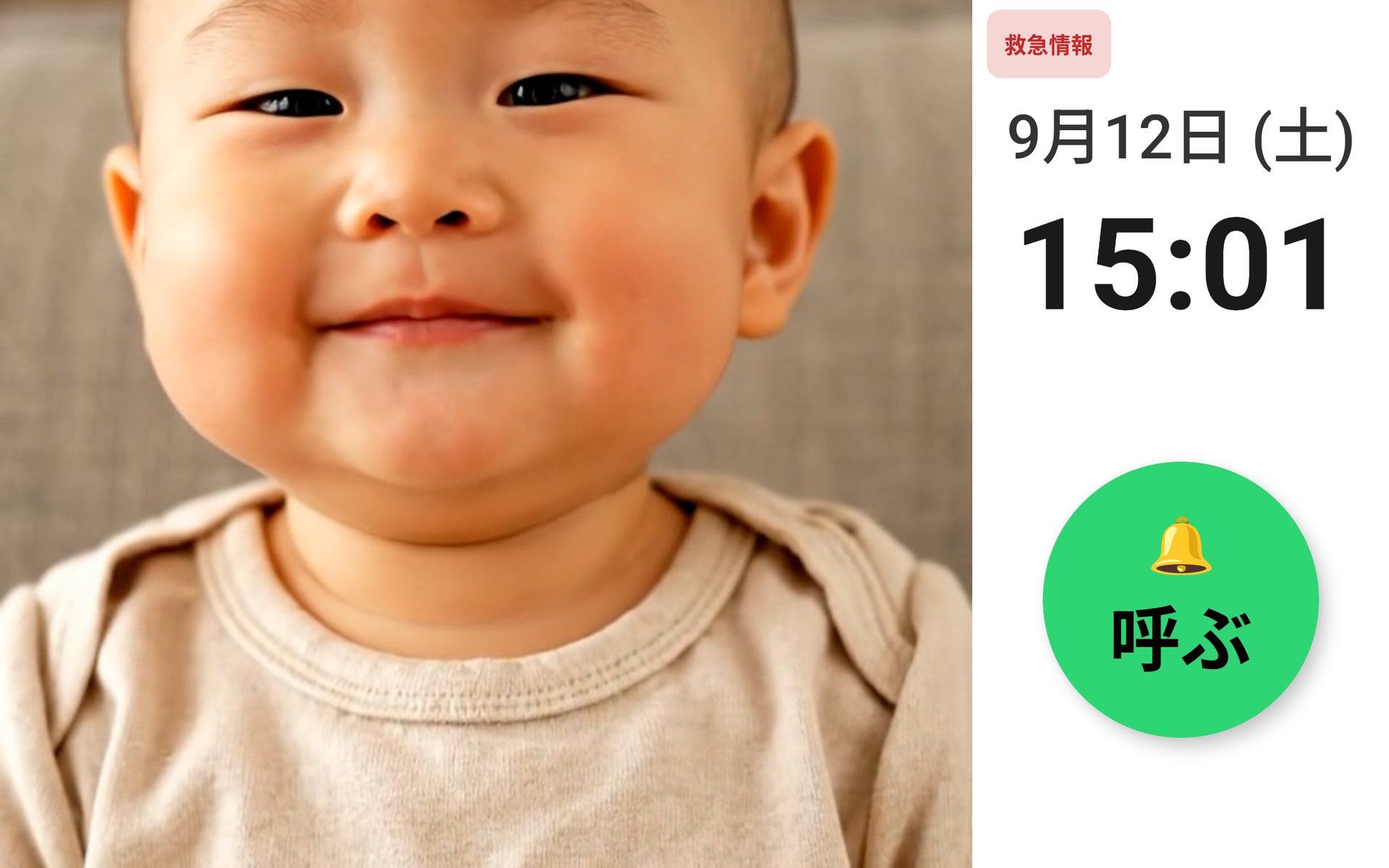 タブレットの画面。左に孫の写真が大きく表示され、右に日付と時刻、丸い「呼ぶ」ボタン