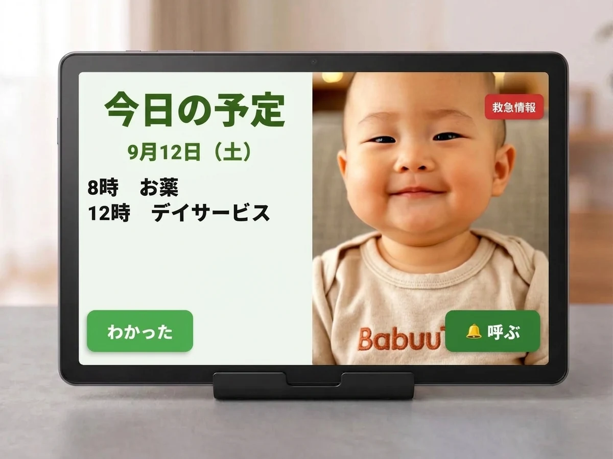 設定済みタブレット（11インチ）。画面に今日の予定と家族の写真が表示されている