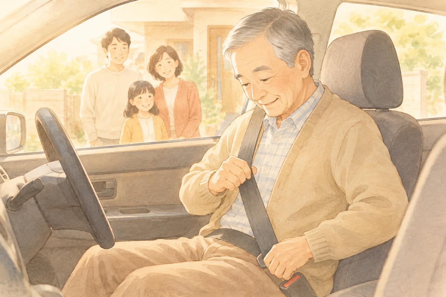 運転席でシートベルトを締めようとする高齢の父親と、車の外から見守る家族