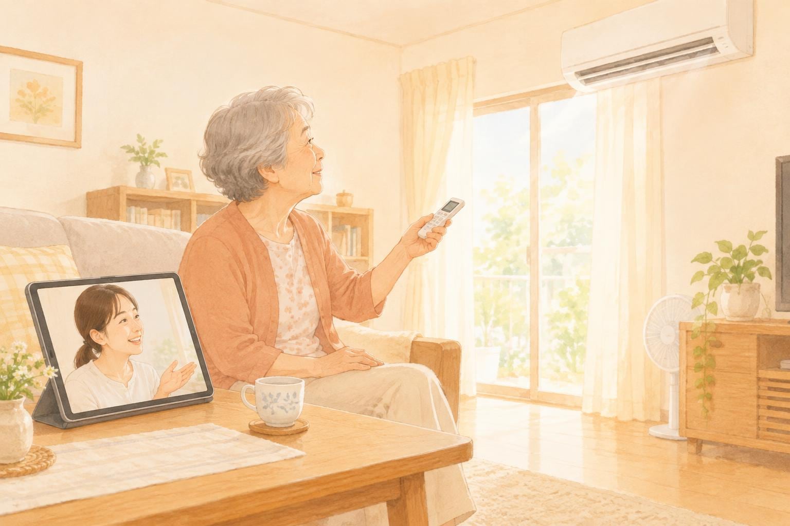 タブレット越しに話しかけられて、エアコンのリモコンを手に取る高齢の女性のイラスト