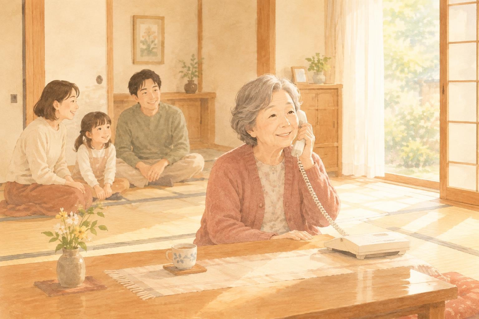 居間で固定電話の受話器を持ち、笑顔で話す高齢の女性