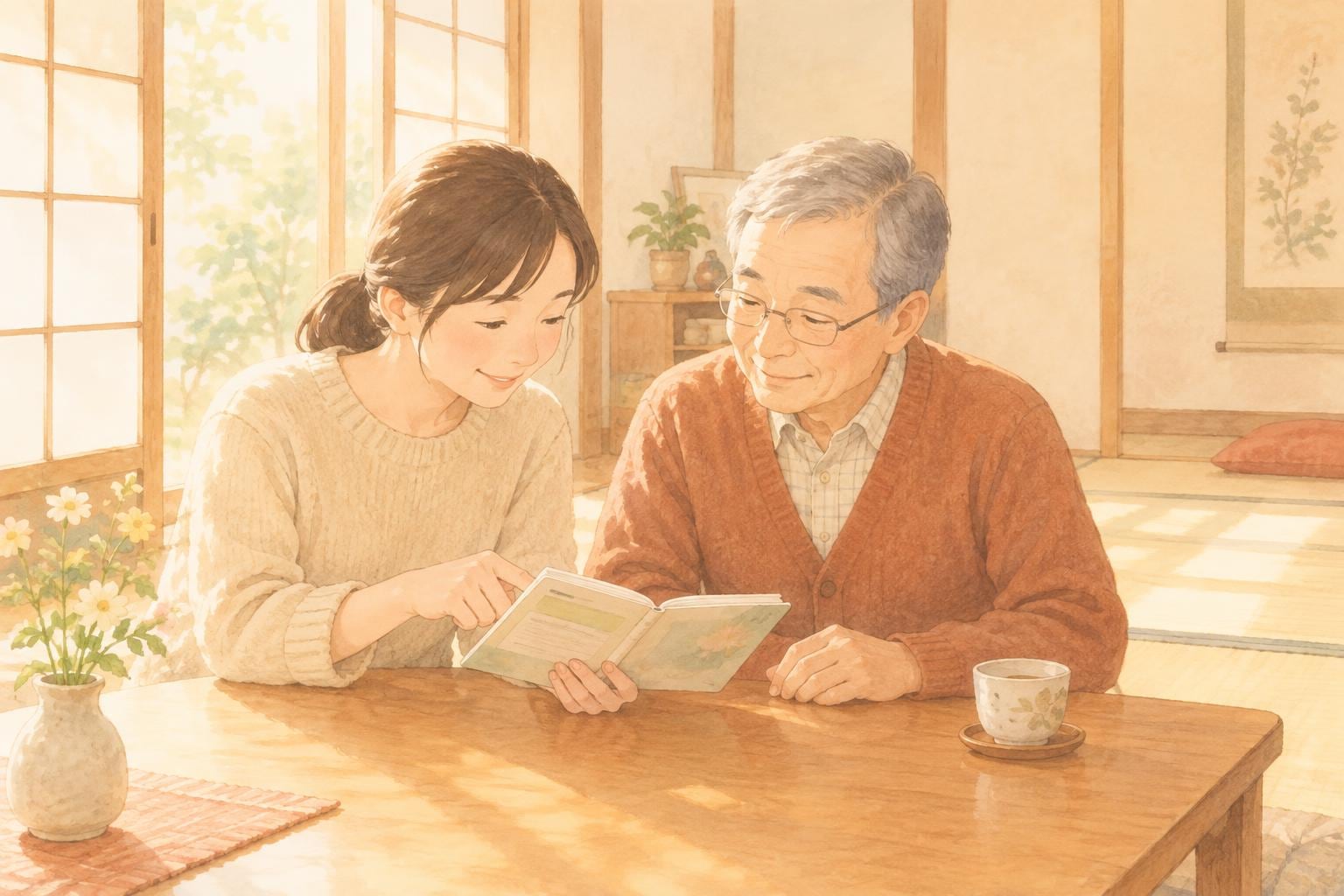 居間のテーブルでお薬手帳を広げ、娘と高齢の父親が一緒に中身を確認している
