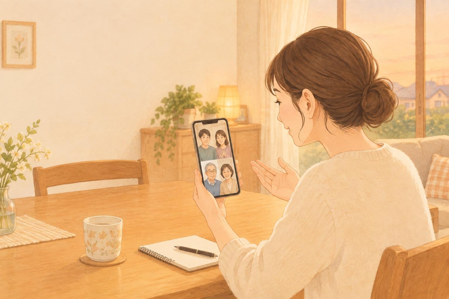 女性がスマートフォンのビデオ通話で、画面の向こうの兄弟と実家の親について相談している場面