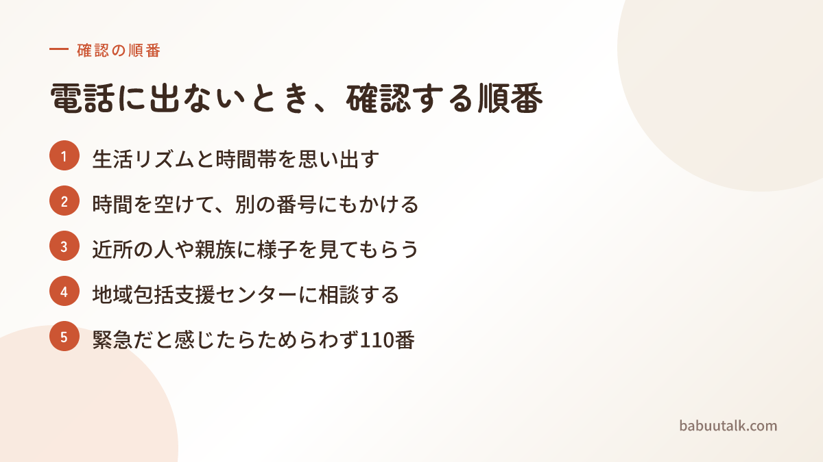 電話に出ないときに確認する順番を5段階で示した図