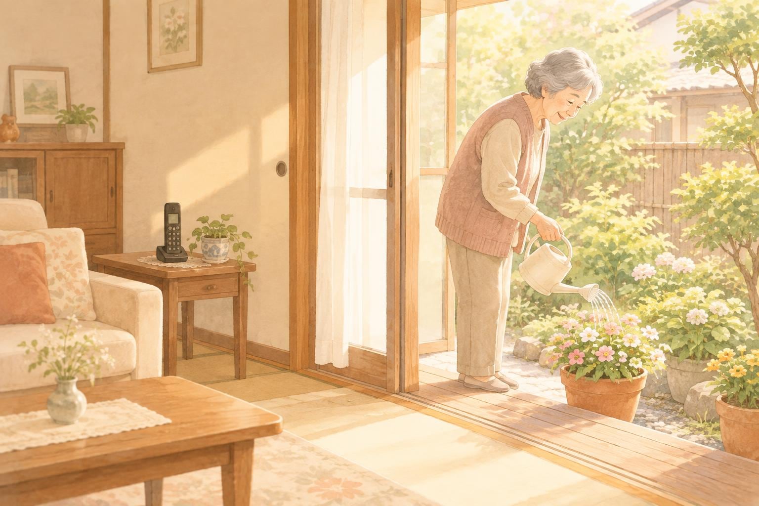 縁側から庭に出て鉢植えに水をやる高齢の女性。居間のサイドテーブルには固定電話の子機が置かれたまま