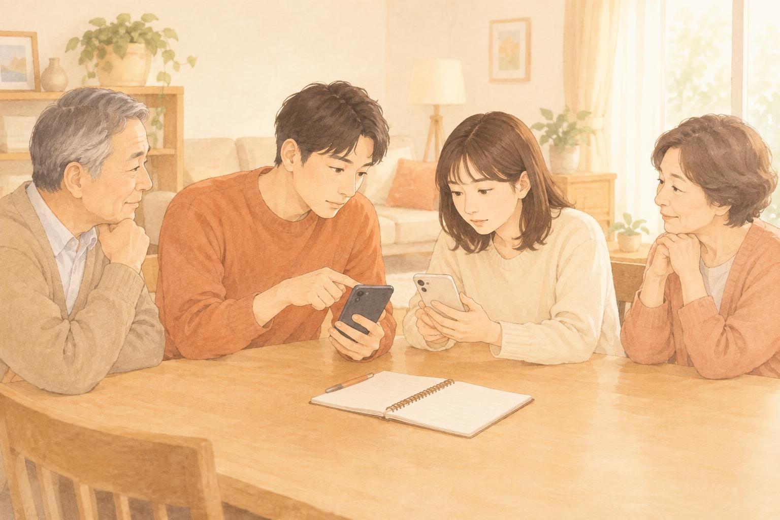 テーブルを囲み、家族がそれぞれのスマートフォンのメモを見せ合いながら話している