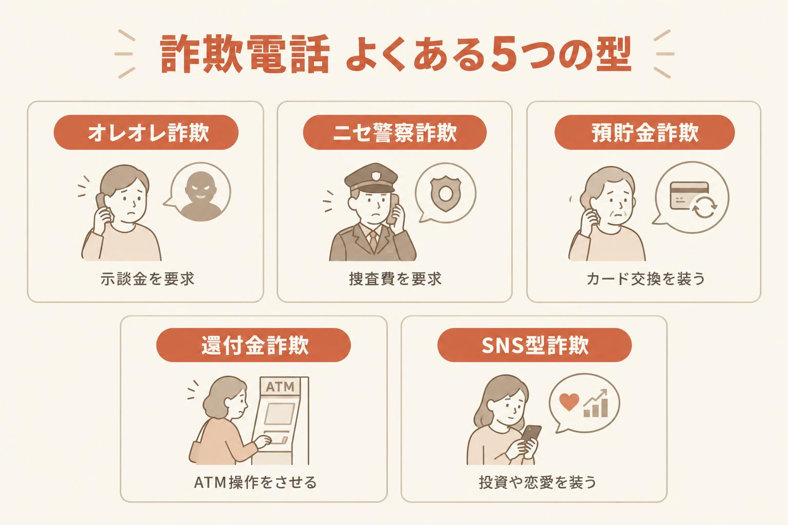 詐欺電話のよくある5つの型を示す図解。オレオレ詐欺、ニセ警察詐欺、預貯金詐欺、還付金詐欺、SNS型詐欺のそれぞれの手口を短い説明とイラストで示している