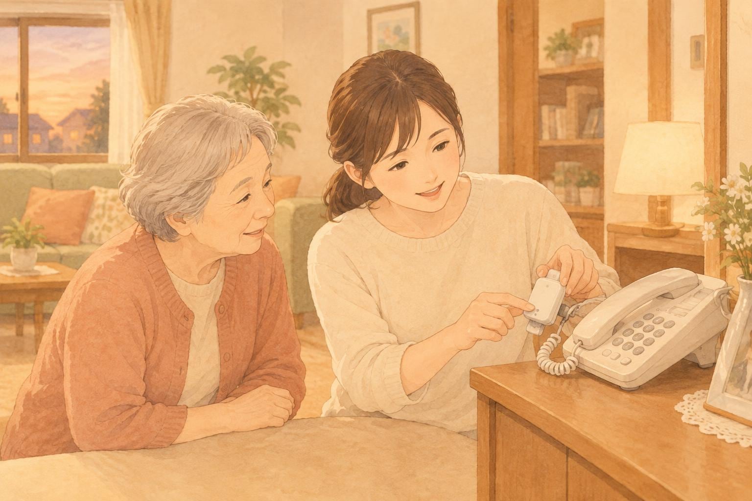 居間の固定電話のそばで、娘が電話機に自動通話録音機を取り付けながら母親に説明している場面