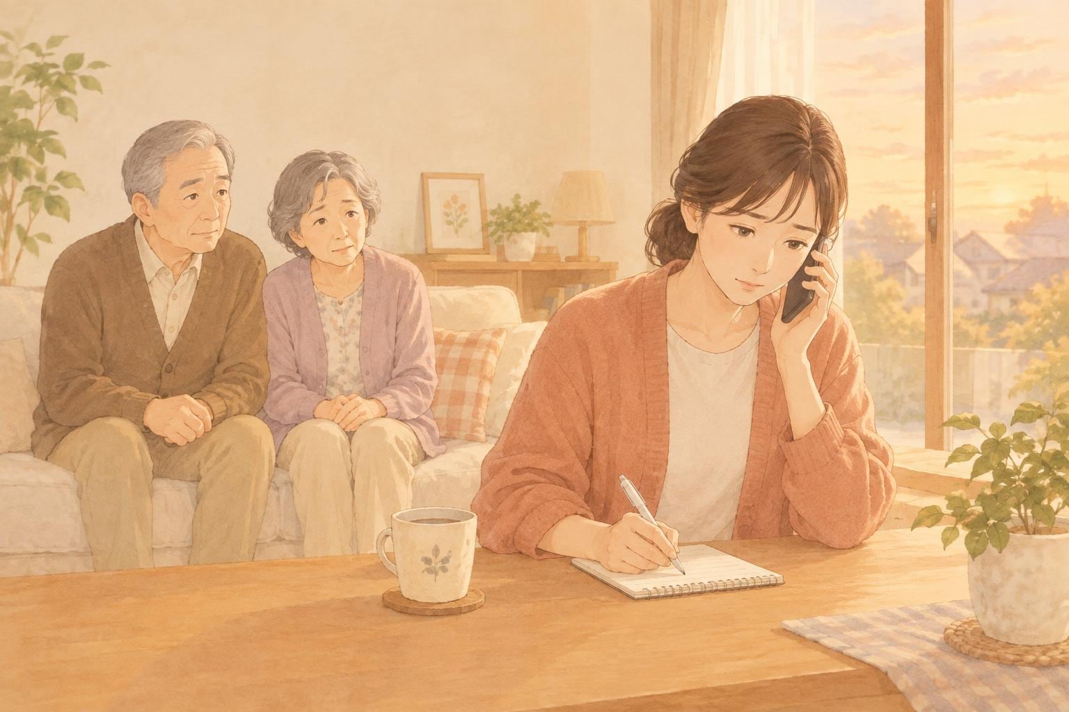 娘がスマートフォンで電話をしながら、メモ帳に気づいたことを書きとめている場面